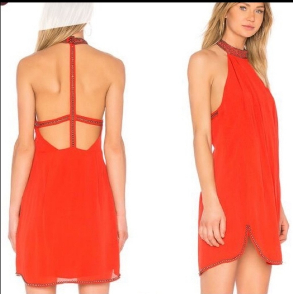 NBD | Beaded Red Rayon Summer Lourdes Halter Dress Medium